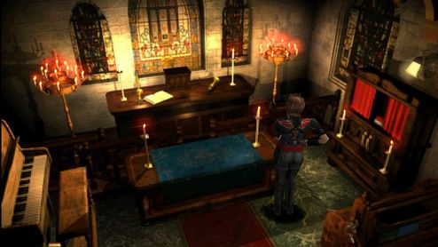 Jill Valentine en una sala con altar y velas en Resident Evil 3.