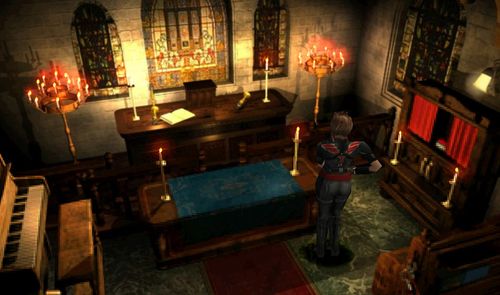 Jill Valentine en una sala con altar y velas en Resident Evil 3.