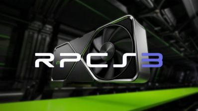 Logotipo de RPCS3 sobre una tarjeta gráfica NVIDIA GeForce RTX en un entorno de centro de datos.