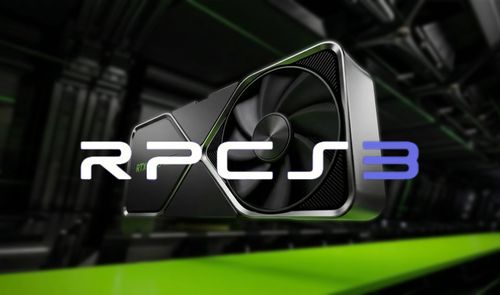 Logotipo de RPCS3 sobre una tarjeta gráfica NVIDIA GeForce RTX en un entorno de centro de datos.