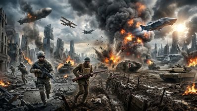 Ilustración que combina diferentes épocas bélicas con soldados, tanques y aviones en una ciudad en ruinas.