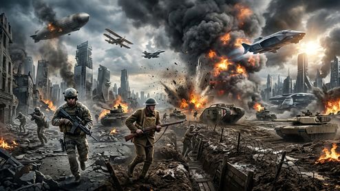 Ilustración que combina diferentes épocas bélicas con soldados, tanques y aviones en una ciudad en ruinas.