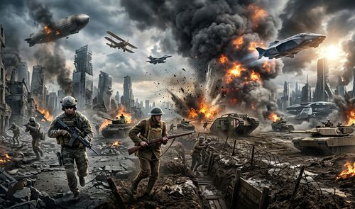 Ilustración que combina diferentes épocas bélicas con soldados, tanques y aviones en una ciudad en ruinas.