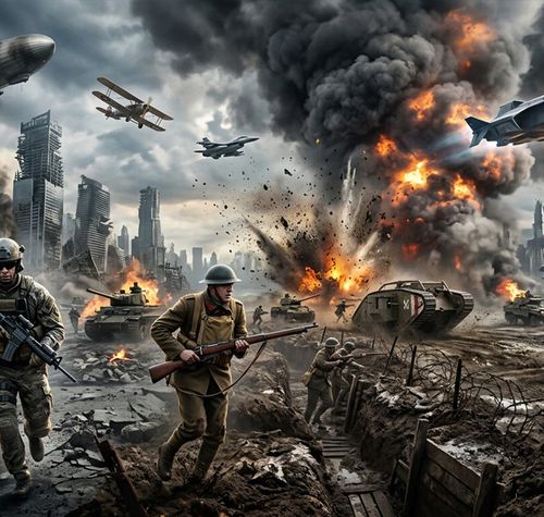 Ilustración que combina diferentes épocas bélicas con soldados, tanques y aviones en una ciudad en ruinas.