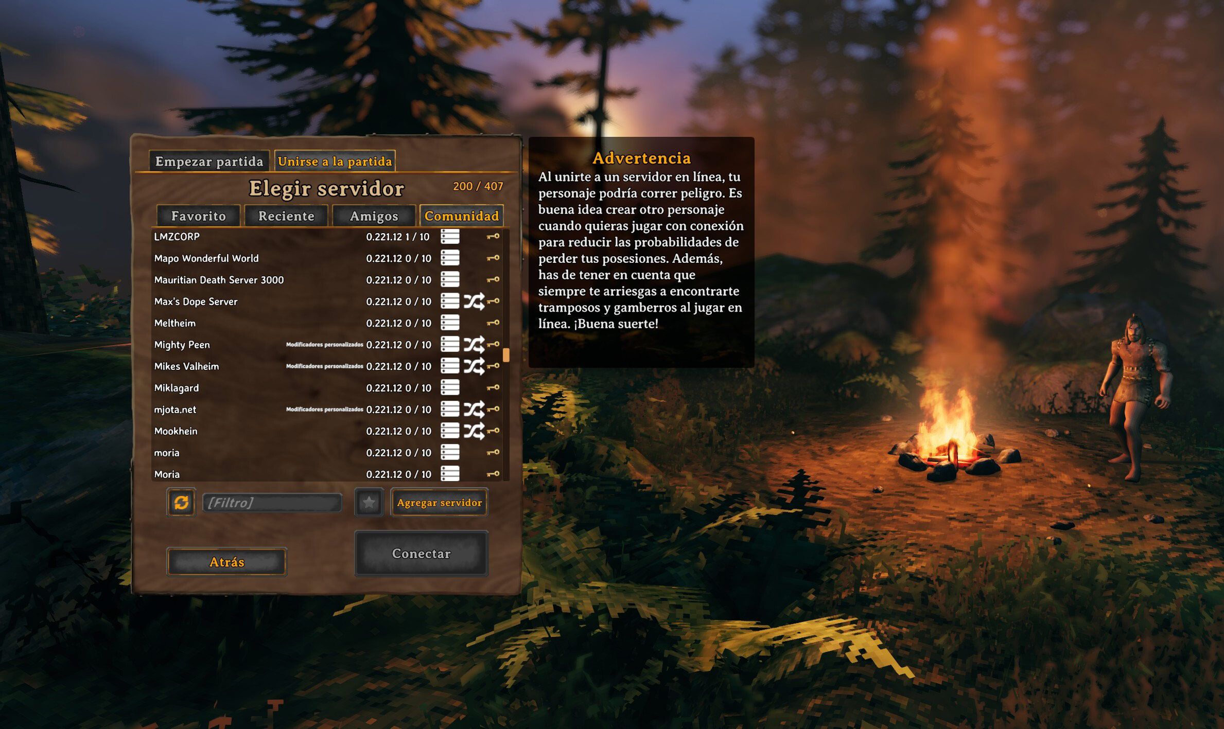 Interfaz de selección de servidor en Valheim con lista de partidas disponibles y mensaje de advertencia sobre personajes en línea.