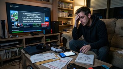 Hombre sentado en un sofá con gesto de preocupación revisando facturas y una libreta frente a un televisor que muestra una lista de suscripciones de videojuegos activas.