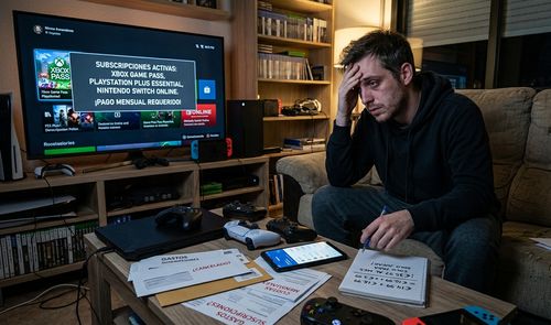 Hombre sentado en un sofá con gesto de preocupación revisando facturas y una libreta frente a un televisor que muestra una lista de suscripciones de videojuegos activas.