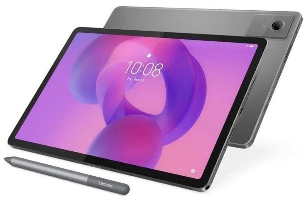 Tablet Lenovo IdeaTab mostrada de frente y por detrás con su lápiz óptico.