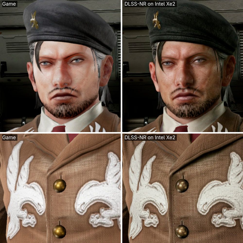 Comparativa de gráficos en Tekken 7 con intel-dlss5 mostrando detalles del rostro y la ropa de Dragunov.