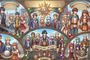 Mural ilustrado con diversos grupos de personajes de la saga Trails in the Sky organizados en paneles circulares.