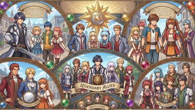 Mural ilustrado con diversos grupos de personajes de la saga Trails in the Sky organizados en paneles circulares.