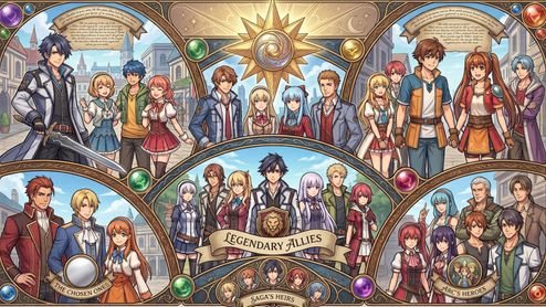 Mural ilustrado con diversos grupos de personajes de la saga Trails in the Sky organizados en paneles circulares.