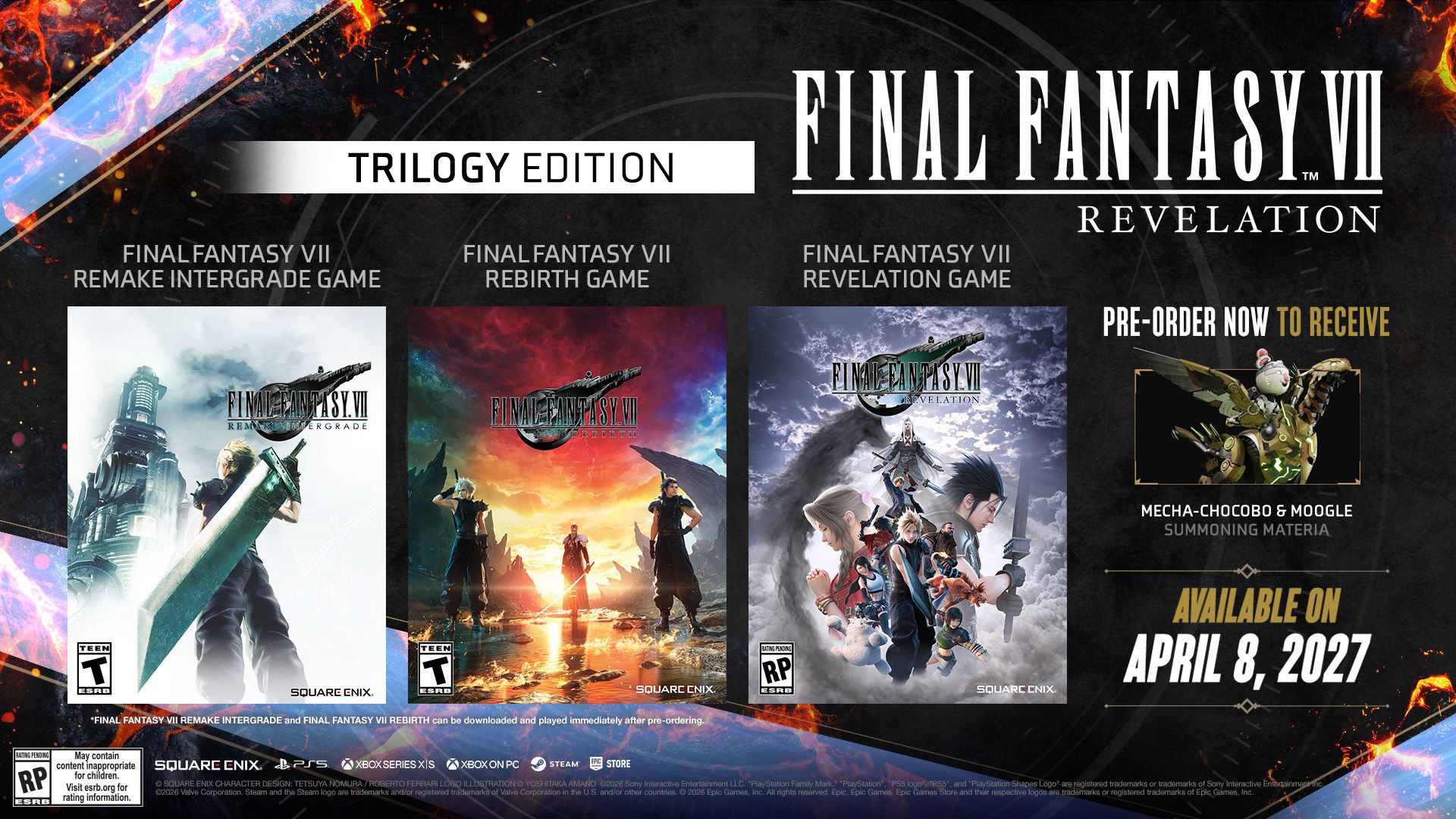 Cartel promocional de Final Fantasy VII Trilogy Edition con las carátulas de Remake Intergrade, Rebirth y Revelation.