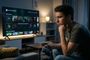 Joven con expresión de decepción sentado frente a un televisor que muestra la interfaz de Xbox Game Pass.