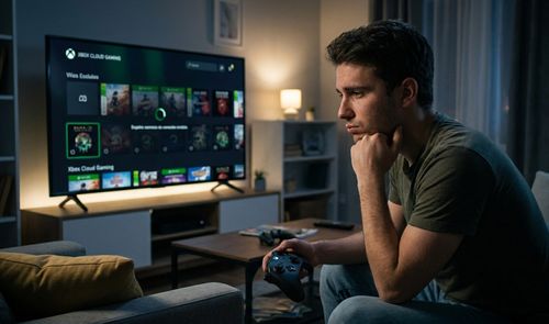 Joven con expresión de decepción sentado frente a un televisor que muestra la interfaz de Xbox Game Pass.