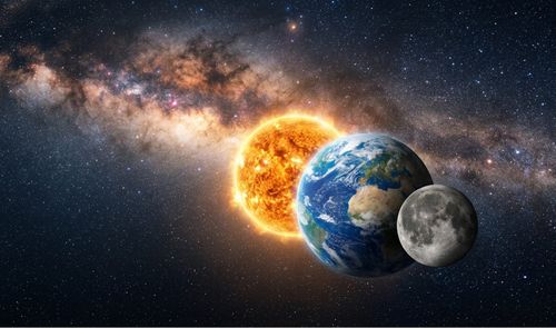 Composición espacial con el Sol, la Tierra y la Luna alineados frente a la Vía Láctea.