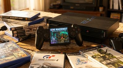 Mando Yoniq Portal para PS2 con pantalla central integrada junto a la consola y varios juegos clásicos.