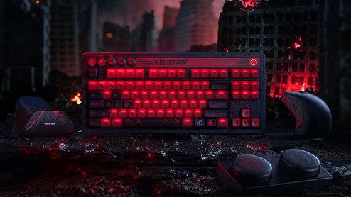 Teclado mecánico 8bitdo con retroiluminación roja intensa inspirado en Gears of War E-Day sobre un fondo de ciudad en ruinas.