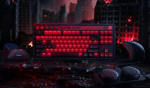 Teclado mecánico 8bitdo con retroiluminación roja intensa inspirado en Gears of War E-Day sobre un fondo de ciudad en ruinas.