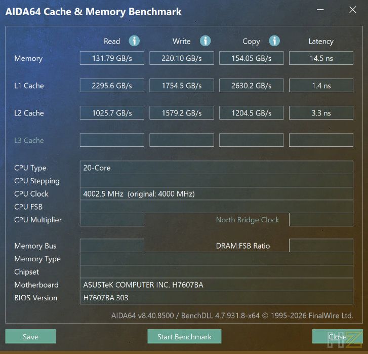 Resultados de rendimiento de caché y memoria AIDA64 en un equipo ASUS ProArt P16 H7607.