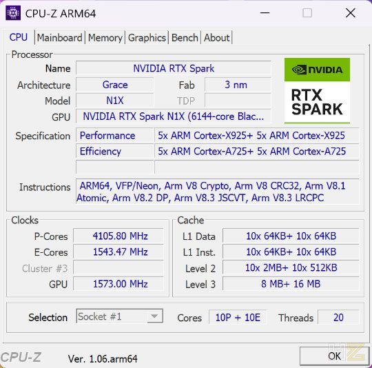 Interfaz de CPU-Z ARM64 mostrando las especificaciones técnicas del procesador NVIDIA RTX Spark en un portátil ASUS ProArt P16 H7607.