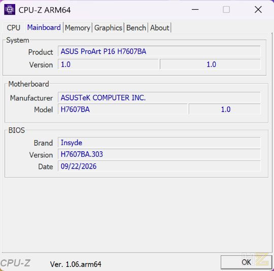 Interfaz del software CPU-Z ARM64 mostrando la pestaña Mainboard con información del sistema ASUS ProArt P16 H7607BA.