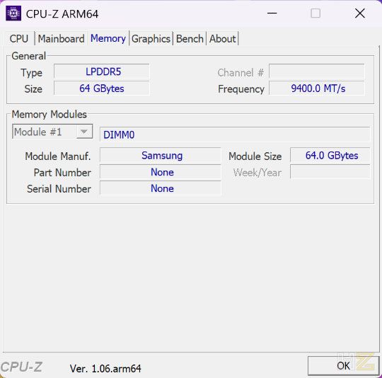 Captura de pantalla de CPU-Z ARM64 mostrando la configuración de memoria RAM LPDDR5X en el ASUS ProArt P16 H7607.