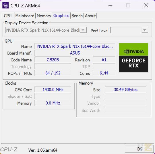 Captura de pantalla de CPU-Z ARM64 mostrando las especificaciones de la GPU NVIDIA RTX Spark en un portátil ASUS ProArt P16 H7607.