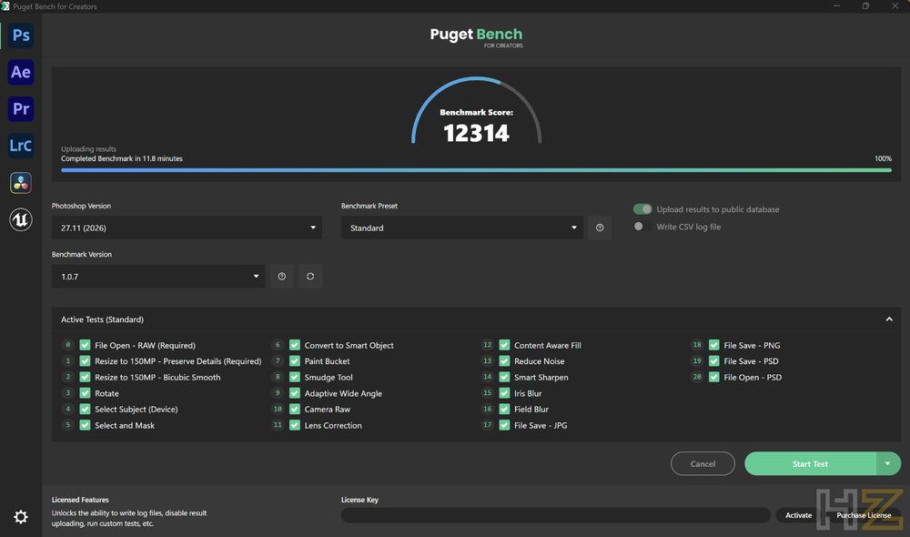 Interfaz del software de rendimiento PugetBench mostrando una puntuación de 12314 en el portátil ASUS ProArt P16 H7607.