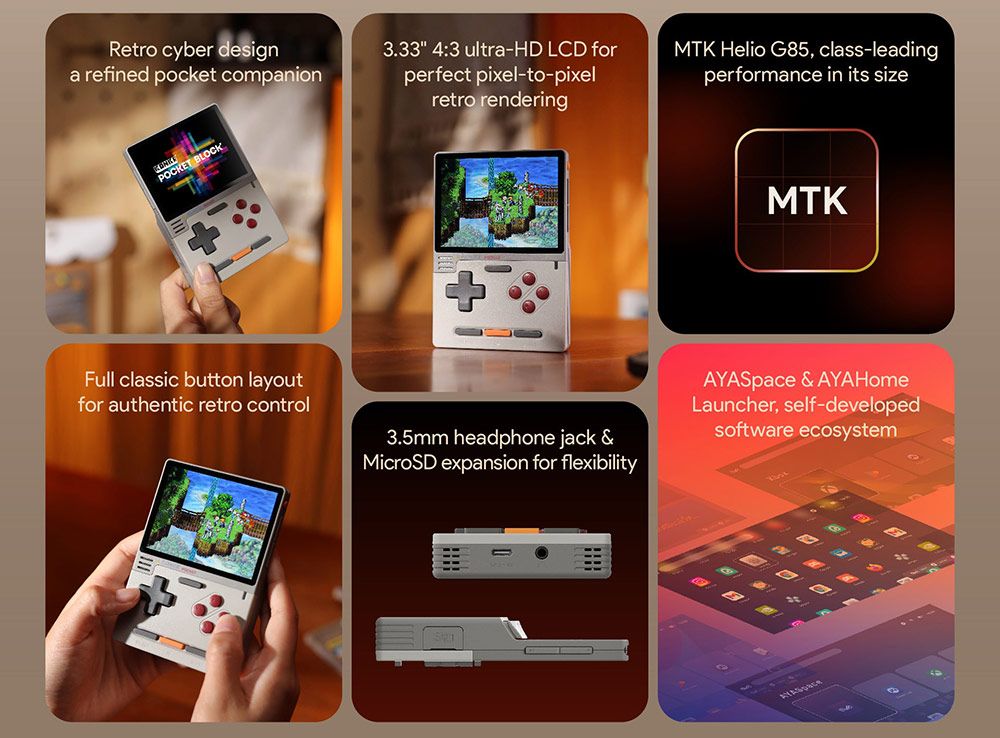 Infografía de la consola portátil Ayaneo Pocket Micro con detalles de su pantalla LCD de 3,33 pulgadas, procesador MTK Helio G85 y diseño con controles clásicos.