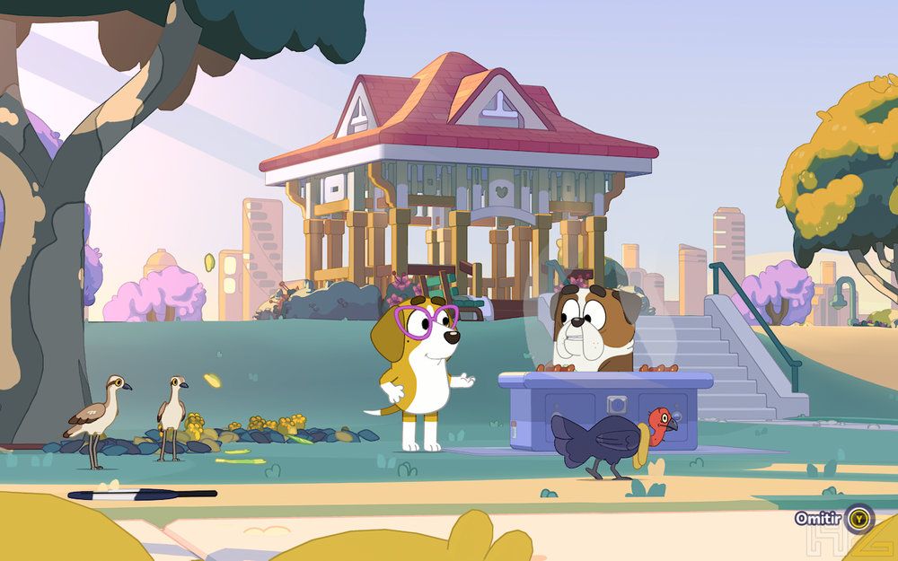 Escena del videojuego Bluey Happy Snaps con Honey y Winton en un parque frente a un quiosco de música.