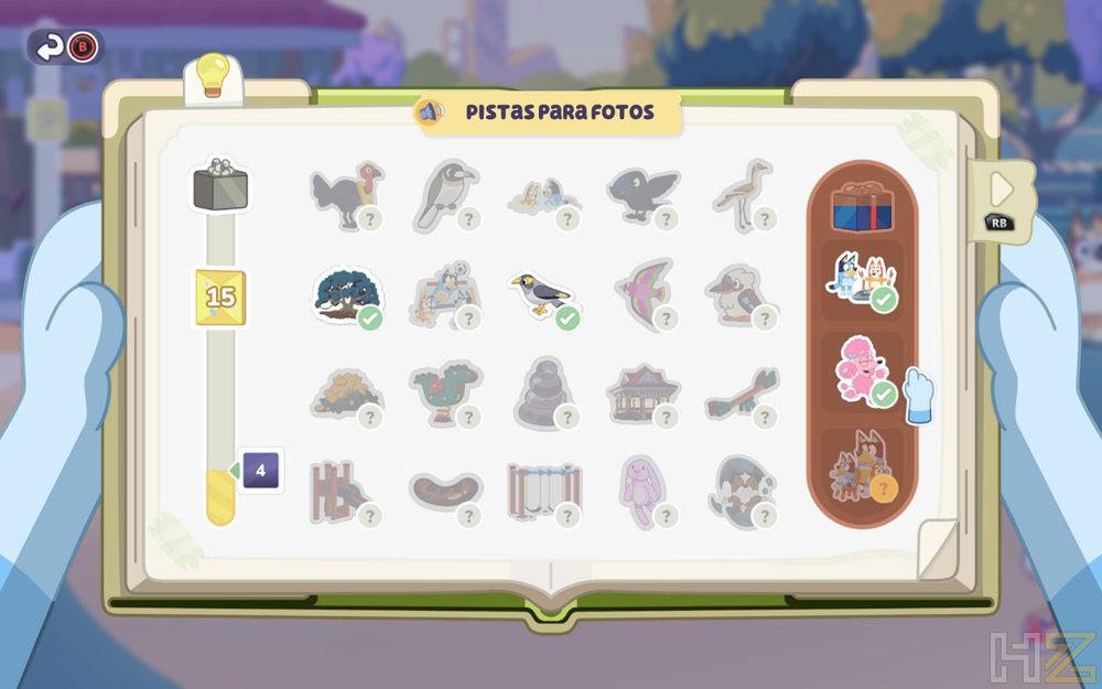 Interfaz del menú Pistas para fotos en Bluey: El videojuego donde se muestra un álbum con siluetas de animales y coleccionables.