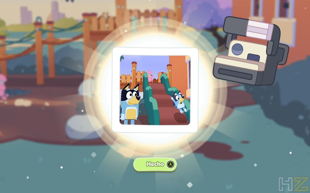 Interfaz del juego Bluey: El Videojuego mostrando una fotografía instantánea capturada en el parque.