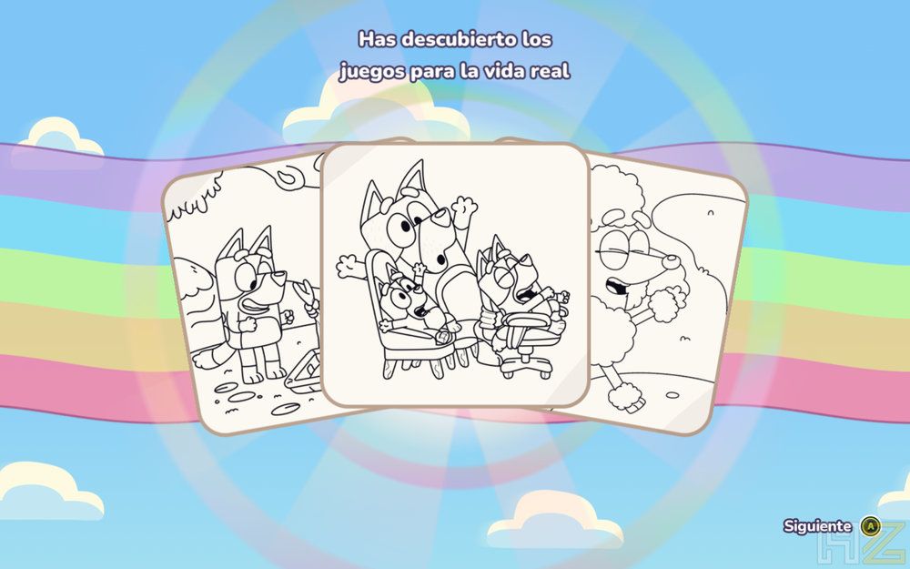 Tres tarjetas coleccionables en blanco y negro de los personajes de Bluey sobre un fondo de arcoíris.