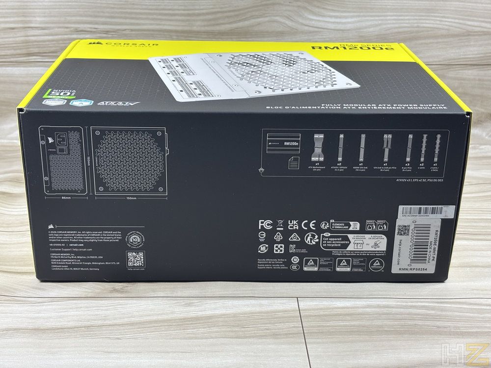 Parte posterior de la caja de la fuente de alimentación Corsair RM1200e con esquemas técnicos y lista de cables.