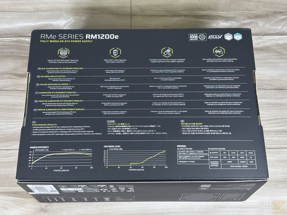 Parte posterior de la caja de la fuente de alimentación Corsair RM1200e con especificaciones técnicas y gráficas de rendimiento.