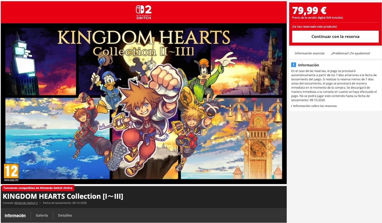 Ficha de producto de Kingdom Hearts Collection I-III en la tienda digital eShop para Nintendo Switch.