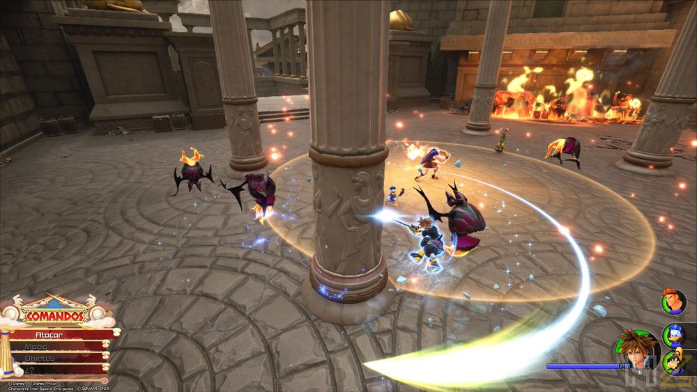 Combate en el Olimpo de Kingdom Hearts Collection en Nintendo Switch 2 con Sora rodeado de enemigos y efectos de magia.