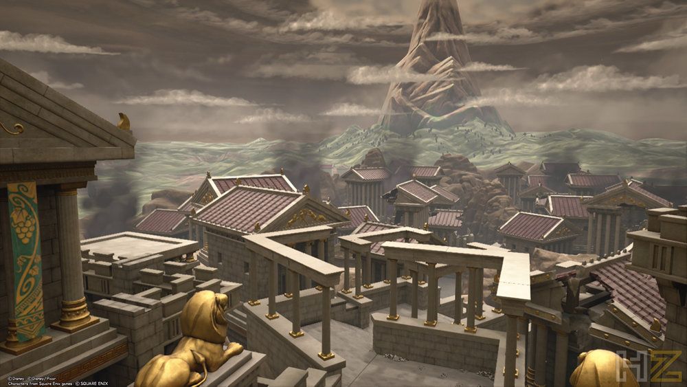 Vista panorámica de la ciudad de Tebas en Kingdom Hearts III con el Monte Olimpo al fondo bajo un cielo nublado.