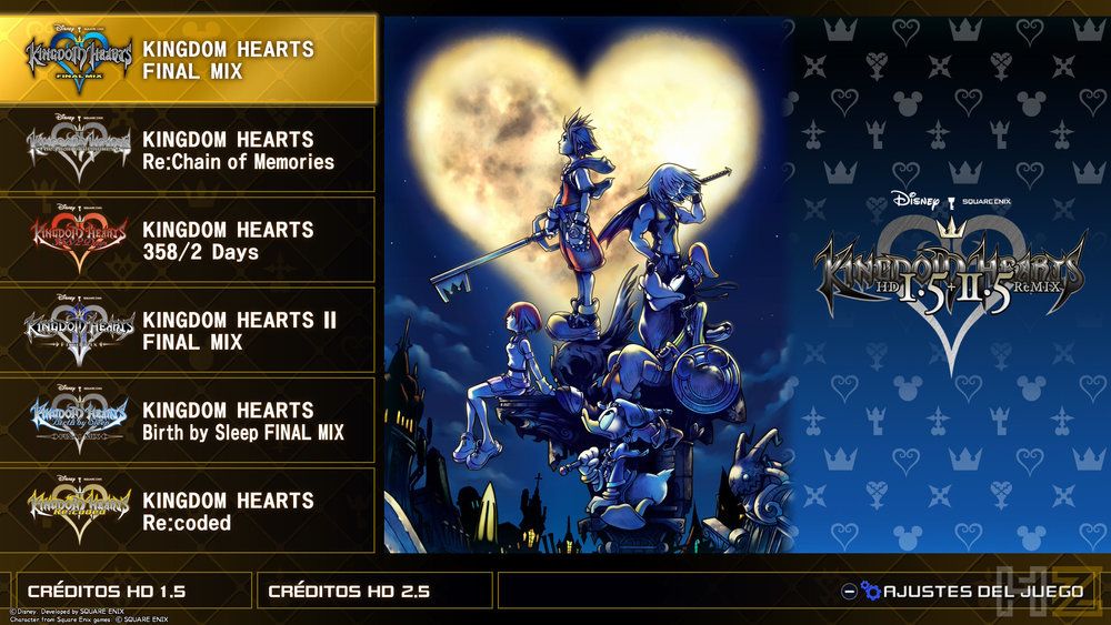 Menú de selección de Kingdom Hearts HD 1.5 + 2.5 ReMIX con listado de títulos y arte conceptual de los protagonistas frente a una luna en forma de corazón.
