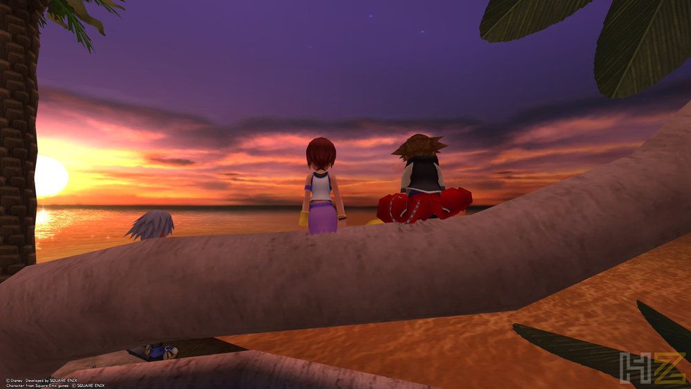 Sora, Kairi y Riku observando el atardecer en las Islas del Destino de Kingdom Hearts.