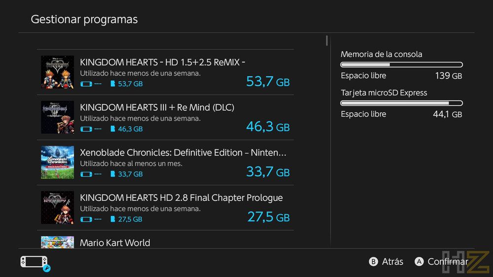 Menú de gestión de programas en Switch 2 mostrando el almacenamiento ocupado por Kingdom Hearts Collection I - III.