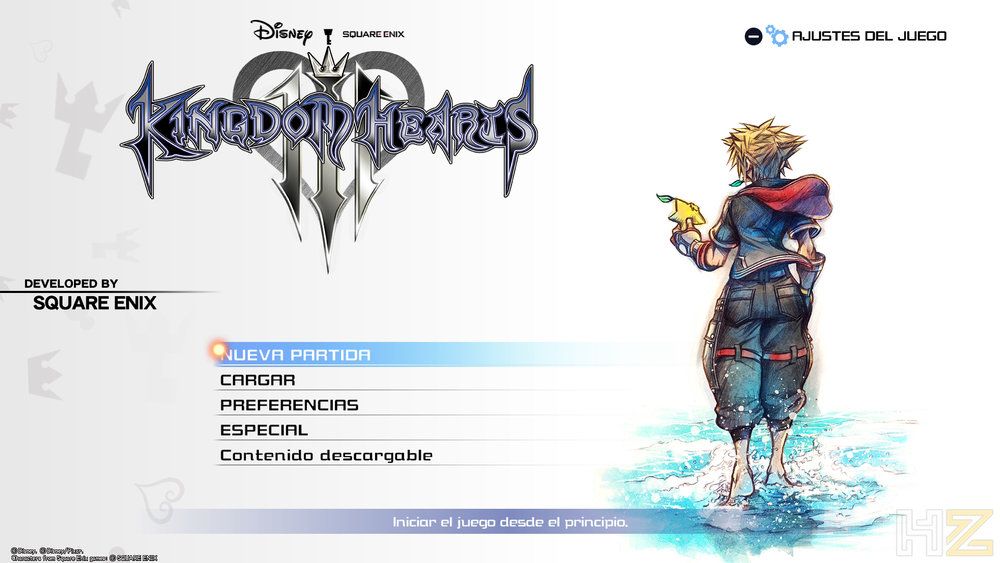 Menú principal de Kingdom Hearts III con las opciones de nueva partida, cargar y ajustes junto a la ilustración de Sora.