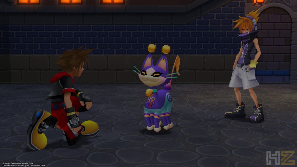 Sora agachado junto a un Luciente y Neku Sakuraba en Ciudad de Paso.