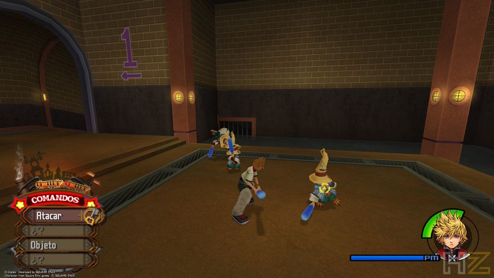 Roxas frente a enemigos en una estancia con el menú de comandos visible en Kingdom Hearts Collection.