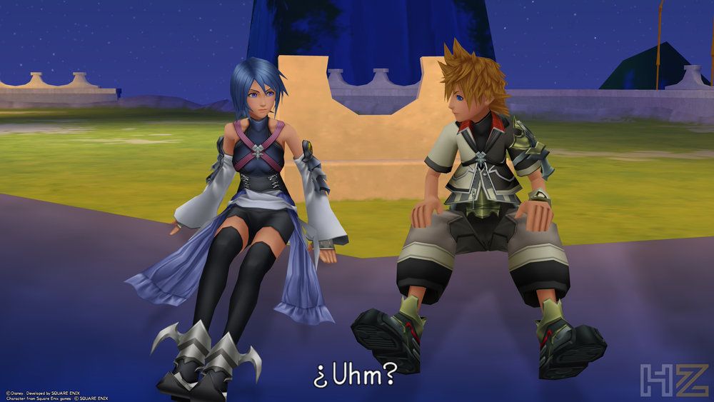 Aqua y Ventus sentados en un entorno exterior nocturno en Kingdom Hearts Collection I - III.