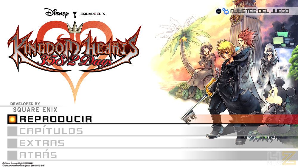 Menú principal de Kingdom Hearts 358/2 Days en español con opciones de reproducción, capítulos y extras.