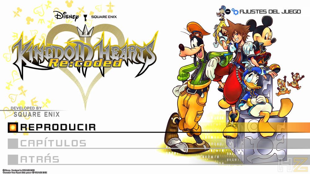 Menú principal de Kingdom Hearts Re:coded con Sora, Donald, Goofy y Mickey sobre un fondo blanco.