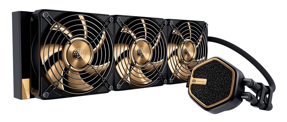 Sistema de refrigeración líquida Masterliquid Atmos II Pro Gold con radiador de tres ventiladores y bloque de CPU en negro y dorado.