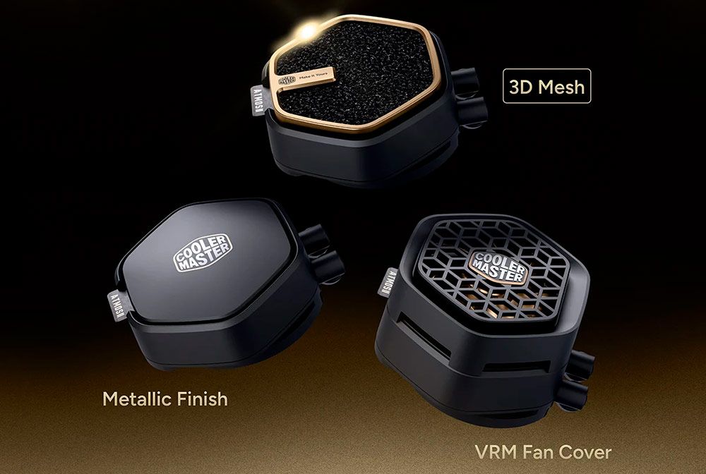 Tres variantes de la cubierta de bomba para el sistema Master Liquid Atmos II Pro Gold con acabados 3D Mesh, Metallic Finish y VRM Fan Cover.